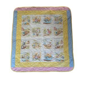Blue Yellow Pink Baby Hand Sewn Machine Quilted Blanket 35.5x38.5 Butterfly
